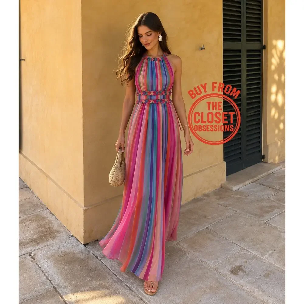 MANGO Stripe Halter Maxi Dress Resort Vacation Cruise Dress NWT Size 4 6